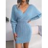 Cross-Front Deep V-Neck Batwing Skirt Fitted Wool Dress for Fall/Winter Banquets(Blue)