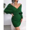 Cross-Front Deep V-Neck Batwing Skirt Fitted Wool Dress for Fall/Winter Banquets(Green)