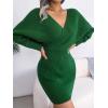 Cross-Front Deep V-Neck Batwing Skirt Fitted Wool Dress for Fall/Winter Banquets(Green)