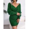 Cross-Front Deep V-Neck Batwing Skirt Fitted Wool Dress for Fall/Winter Banquets(Green)