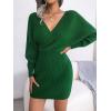 Cross-Front Deep V-Neck Batwing Skirt Fitted Wool Dress for Fall/Winter Banquets(Green)