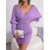 Cross-Front Deep V-Neck Batwing Skirt Fitted Wool Dress for Fall/Winter Banquets(Purple)
