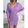 Cross-Front Deep V-Neck Batwing Skirt Fitted Wool Dress for Fall/Winter Banquets(Purple)