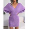 Cross-Front Deep V-Neck Batwing Skirt Fitted Wool Dress for Fall/Winter Banquets(Purple)