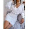 Cross-Front Deep V-Neck Batwing Skirt Fitted Wool Dress for Fall/Winter Banquets(White)