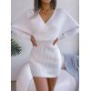 Cross-Front Deep V-Neck Batwing Skirt Fitted Wool Dress for Fall/Winter Banquets(White)