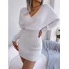 Cross-Front Deep V-Neck Batwing Skirt Fitted Wool Dress for Fall/Winter Banquets(White)