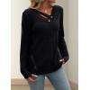 Knitted Top with Long Sleeves and Button Design, Solid Color V-Neck for Women(Black)