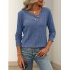Knitted Top with Long Sleeves and Button Design, Solid Color V-Neck for Women(Blue)