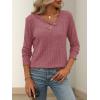 Knitted Top with Long Sleeves and Button Design, Solid Color V-Neck for Women(Red)