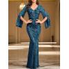 Long Sleeve V-Neck Wedding Guest Dress Formal Dress Mermaid Evening Gowns Prom Evening Dress(A-blue)