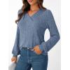 Long-Sleeve V-Neck Ribbed Brushed Knit Base Layer Sweatshirt Casual Pullover Top for Fall/Winter(Blue)