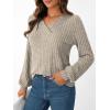 Long-Sleeve V-Neck Ribbed Brushed Knit Base Layer Sweatshirt Casual Pullover Top for Fall/Winter(Coffee)