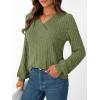 Long-Sleeve V-Neck Ribbed Brushed Knit Base Layer Sweatshirt Casual Pullover Top for Fall/Winter(Green)