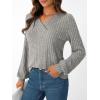 Long-Sleeve V-Neck Ribbed Brushed Knit Base Layer Sweatshirt Casual Pullover Top for Fall/Winter(Grey)