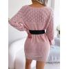 Openwork Off-The-Shoulder Knit Dress with Long Sleeves, Slim Fit, Casual Ins Style(Pink)