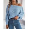 Openwork Off-The-Shoulder Sweater with Lantern Sleeves for Fall/Winter Casual Wear(Blue)