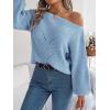 Openwork Off-The-Shoulder Sweater with Lantern Sleeves for Fall/Winter Casual Wear(Blue)