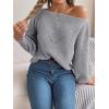 Openwork Off-The-Shoulder Sweater with Lantern Sleeves for Fall/Winter Casual Wear(Grey)