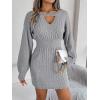 Twisted Lace-Up LanternD Sleeve Knit Dress Fitted Waist Hot Girl V-Neck Bodycon Dress(Grey)