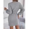 Twisted Lace-Up LanternD Sleeve Knit Dress Fitted Waist Hot Girl V-Neck Bodycon Dress(Grey)