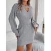 Twisted Lace-Up LanternD Sleeve Knit Dress Fitted Waist Hot Girl V-Neck Bodycon Dress(Grey)
