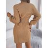 Twisted Lace-Up LanternD Sleeve Knit Dress Fitted Waist Hot Girl V-Neck Bodycon Dress(Khaki)