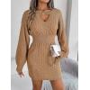 Twisted Lace-Up LanternD Sleeve Knit Dress Fitted Waist Hot Girl V-Neck Bodycon Dress(Khaki)