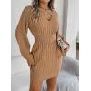 Twisted Lace-Up LanternD Sleeve Knit Dress Fitted Waist Hot Girl V-Neck Bodycon Dress(Khaki)