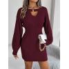 Twisted Lace-Up LanternD Sleeve Knit Dress Fitted Waist Hot Girl V-Neck Bodycon Dress(Wine)