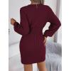 Twisted Lace-Up LanternD Sleeve Knit Dress Fitted Waist Hot Girl V-Neck Bodycon Dress(Wine)