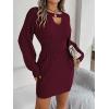Twisted Lace-Up LanternD Sleeve Knit Dress Fitted Waist Hot Girl V-Neck Bodycon Dress(Wine)