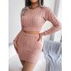 Twisted-Cable Crop Top & Fitted Dress Knit Set Long-Sleeve Short Dresses Casual(Pink)