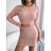 Twisted-Cable Crop Top & Fitted Dress Knit Set Long-Sleeve Short Dresses Casual(Pink)