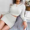 Twisted-Cable Crop Top & Fitted Dress Knit Set Long-Sleeve Short Dresses Casual(White)