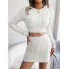 Twisted-Cable Crop Top & Fitted Dress Knit Set Long-Sleeve Short Dresses Casual(White)