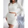 Twisted-Cable Crop Top & Fitted Dress Knit Set Long-Sleeve Short Dresses Casual(White)