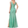 Women 1920s Formal Dress Tassel Sleeve with Bead Sparkly Gatsby Sequin Dress V Neck Maxi Dress(N-lightgreen)