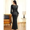 Women’s Full Sequins Long Sleeves Split V Neck Maxi Gown Wedding Prom Dress(Black)