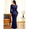 Women’s Full Sequins Long Sleeves Split V Neck Maxi Gown Wedding Prom Dress(Blue)