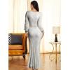 Women’s Full Sequins Long Sleeves Split V Neck Maxi Gown Wedding Prom Dress(Silver)