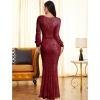 Women’s Full Sequins Long Sleeves Split V Neck Maxi Gown Wedding Prom Dress(Wine)