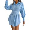 Casual Lantern Sleeve Shirt Dress with Cinched Waist and Asymmetrical Dresses(Blue)