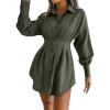 Casual Lantern Sleeve Shirt Dress with Cinched Waist and Asymmetrical Dresses(Green)