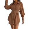 Casual Lantern Sleeve Shirt Dress with Cinched Waist and Asymmetrical Dresses(Khaki)