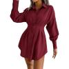 Casual Lantern Sleeve Shirt Dress with Cinched Waist and Asymmetrical Dresses(Wine)