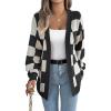 Contrast-Color Checkered Lantern Sleeve Cardigan Sweater Mid-Length Coat(Black)