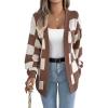 Contrast-Color Checkered Lantern Sleeve Cardigan Sweater Mid-Length Coat(Coffee)
