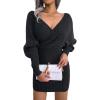 Cross-Front Deep V-Neck Batwing Skirt Fitted Wool Dress for Fall/Winter Banquets(Black)