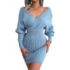 Cross-Front Deep V-Neck Batwing Skirt Fitted Wool Dress for Fall/Winter Banquets(Blue)